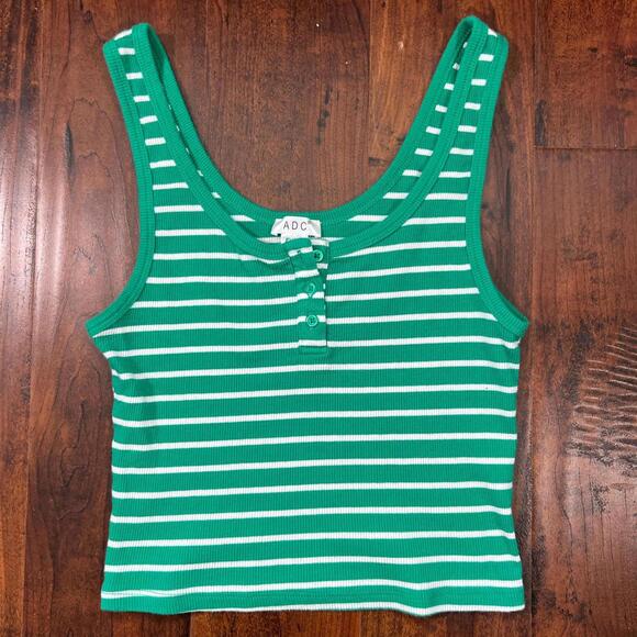 ADC Tops - Green & White Ribbed Striped Cropped Henley Tank Top‎ Small Vintage Inspired Y2k